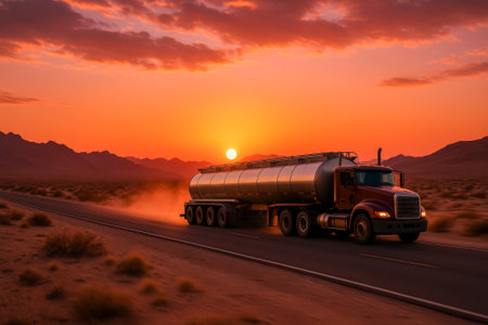 A large tanker truck driving along a highway in the desert during a stunning sunsetの素材