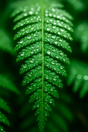A close-up shot of a green fern leaf adorned with glistening water dropletsの素材
