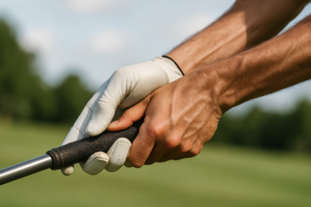 A close-up view of a golfer's hands gripping a golf club in preparation for a swingの素材