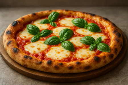 A mouthwatering pizza featuring melted cheese and fresh basil leaves on tomato sauceの素材