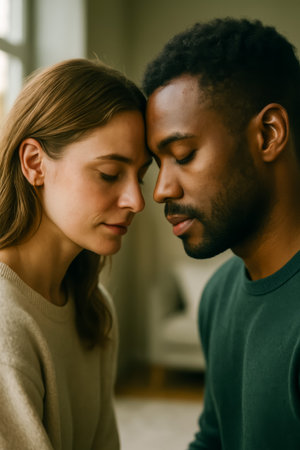 A couple connects deeply with foreheads touching, expressing intimacy and love in a serene settingの素材