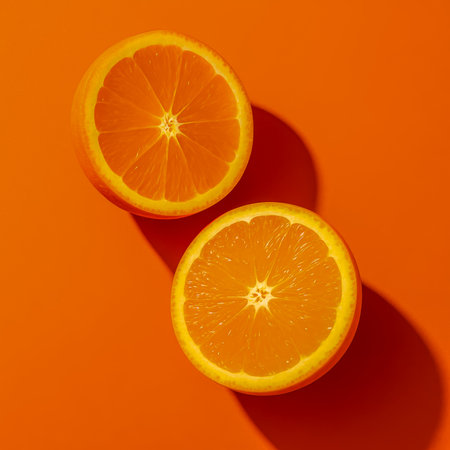 Freshly cut orange halves showcasing bright color and texture against an orange backgroundの素材