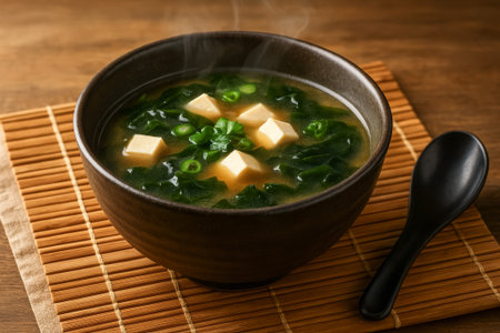 A steaming bowl of miso soup featuring tofu, seaweed, and green onions on a wooden matの素材