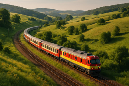 A train traveling along curved tracks in a vibrant green countryside during golden hourの素材