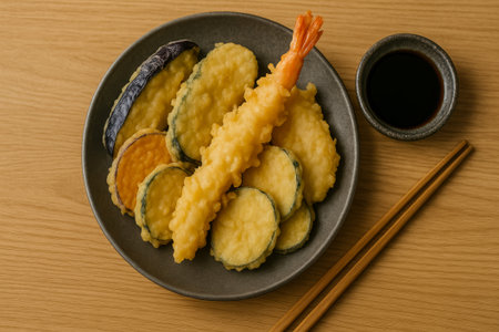 A plate of crispy tempura shrimp and assorted vegetables with soy sauce on the sideの素材