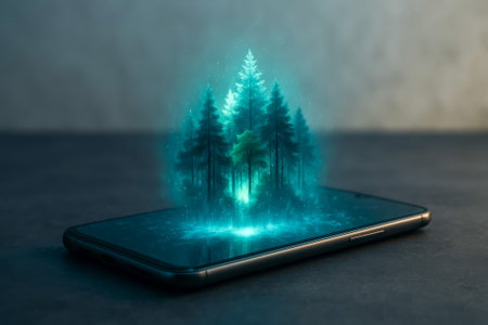 A smartphone with a luminous forest scene emerging, symbolizing nature and technologyの素材