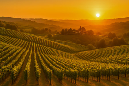 A picturesque vineyard landscape bathed in golden sunset light over rolling hills and treesの素材