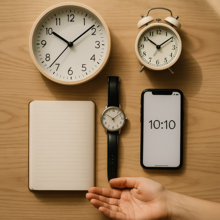 A flat lay of two clocks, a watch, a notebook, and a smartphone showcasing timeの素材