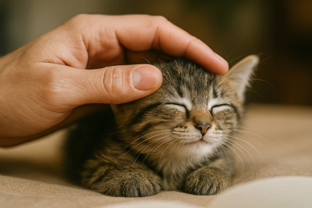 A hand gently pets a relaxed kitten with closed eyes in a cozy indoor settingの素材
