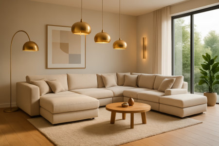 A stylish living room featuring a beige sectional sofa and warm golden lighting fixturesの素材