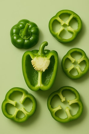 Fresh green bell peppers sliced and arranged beautifully on a soft green backgroundの素材