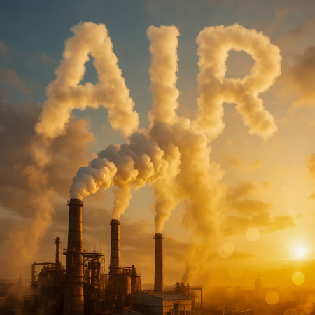 Industrial smokestacks silhouetted against sunset with vapor forming the word airの素材
