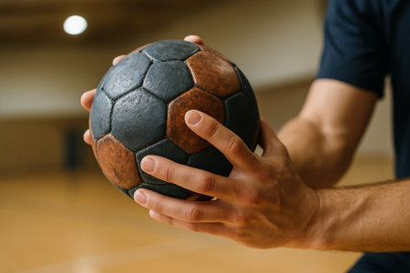 A close-up view of hands gripping a handball in a gym setting with blurred backgroundの素材