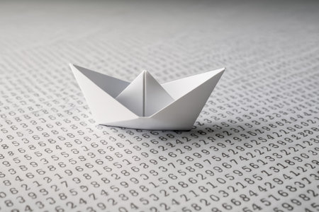 A minimalist white paper boat placed on a background filled with printed numbersの素材