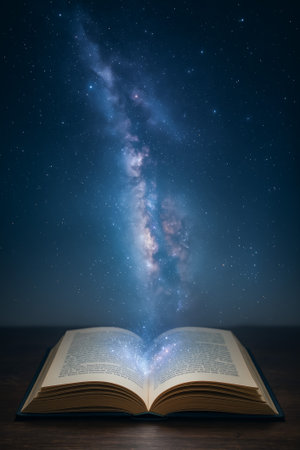 An open book releasing a galaxy of stars and cosmic elements into the night skyの素材