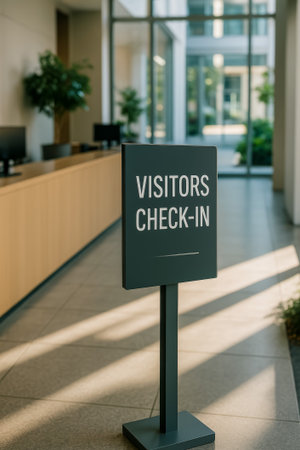 A modern sign stating visitors check-in in a bright, spacious lobbyの素材