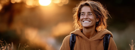 A young woman with a joyful expression, wearing an orange sweater during sunset outdoorsの素材