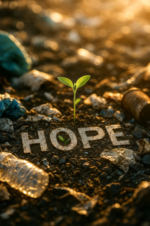 A hopeful green sprout grows from the word hope, surrounded by litter on the groundの素材