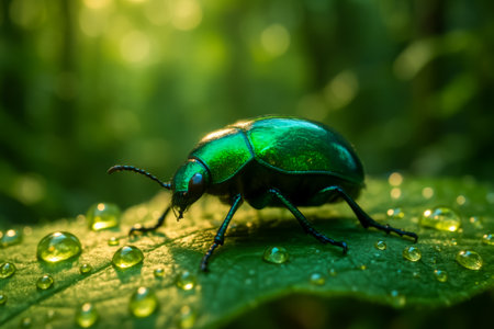 A vibrant green beetle rests on a leaf adorned with glistening water dropsの素材