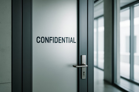 A close-up of a door labeled confidential in a modern office environmentの素材