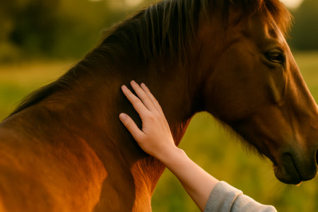 A human hand gently touching a horse's neck in a peaceful outdoor settingの素材