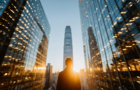 A silhouette of a man standing amidst city skyscrapers during sunsetの素材