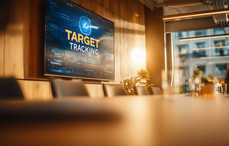 A stylish conference room featuring a digital screen showing target tracking technologyの素材