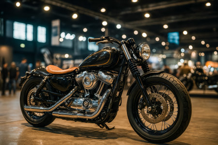 A classic black motorcycle featuring a brown leather seat displayed in an exhibition settingの素材