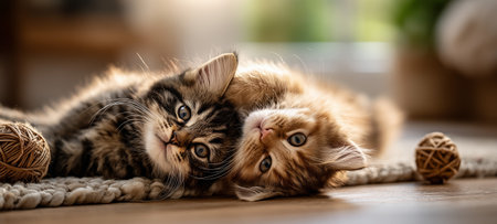Two cute kittens snuggle closely, showing their playful and affectionate nature on a rugの素材