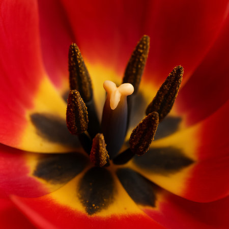 A close-up view showing the intricate details of a vibrant red tulip flowerの素材
