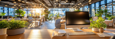 A contemporary office scene featuring plants and a computer bathed in warm sunlightの素材