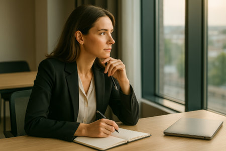 A professional woman thoughtfully writing in a notebook during a reflective moment in the officeの素材