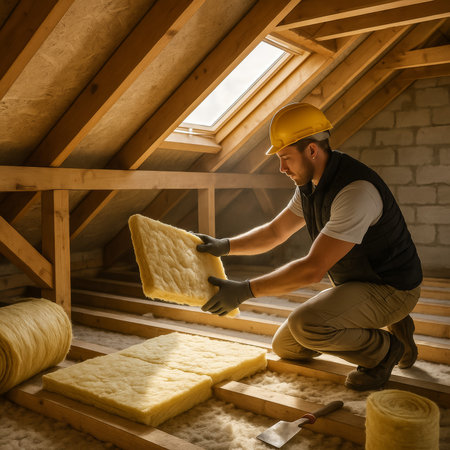 A worker carefully installing insulation material in an attic, showing casing construction work and detailの素材