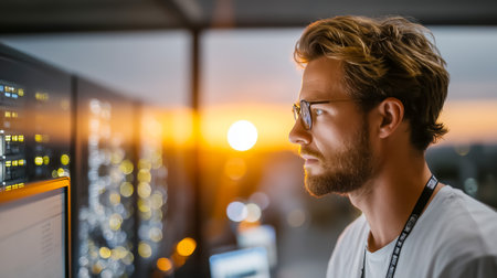 A focused young man wearing glasses looks at data on monitors during sunsetの素材