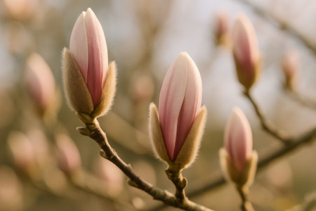 Beautiful magnolia buds showcasing pink and white hues during a serene morningの素材