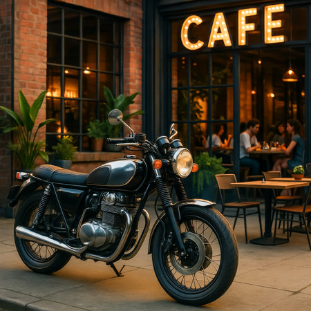 A classic motorcycle parked in front of a cafe, with warm lighting inviting customers insideの素材