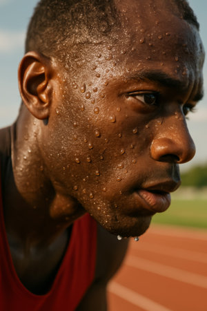 A close-up shot of a determined athlete sweating intensely during a training session on the trackの素材