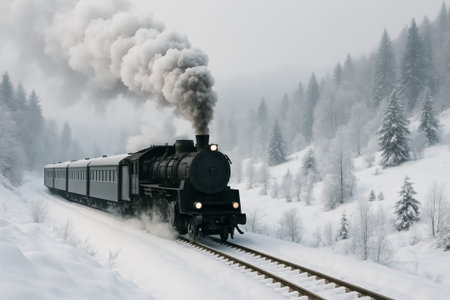 A vintage steam train chugging along snow-covered tracks in a serene winter landscapeの素材