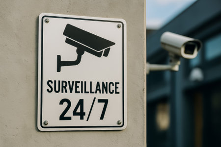 A surveillance sign indicating 24/7 monitoring with a camera symbol installed on a wallの素材