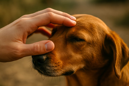 A hand gently petting a relaxed golden retriever with closed eyes in a serene environmentの素材