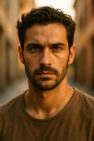 A serious man with a beard stands in an urban street during sunsetの素材