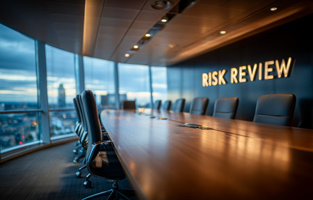 A stylish conference room featuring a risk review sign and a panoramic city viewの素材