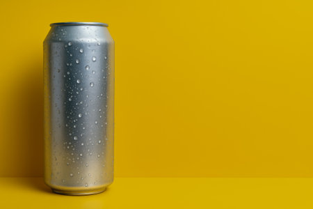 A shiny metallic can with droplets against a vibrant yellow backgroundの素材