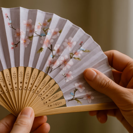 A hand holding a decorative fan featuring a floral design in soft colorsの素材