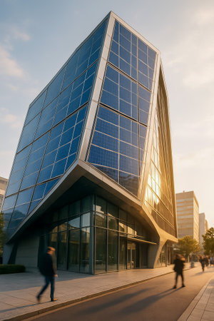A modern building featuring solar panels, showcasing contemporary architecture in a bustling cityの素材