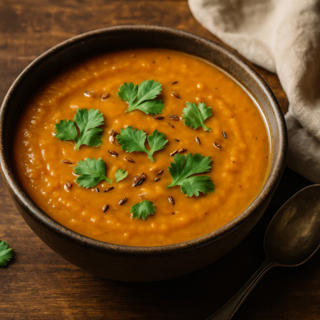 A delicious bowl of creamy orange soup topped with fresh cilantro and spices for flavorの素材