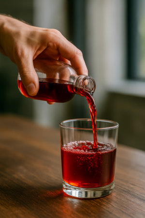 A hand pouring a vibrant red beverage into a glass on a wooden tableの素材
