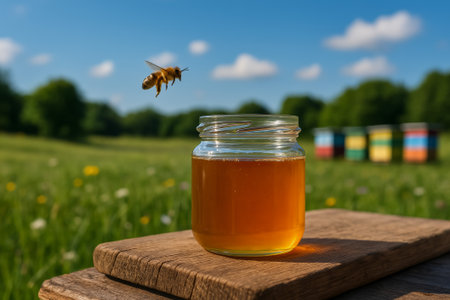 A jar of honey sits on a wooden table with a bee flying nearby and beehives in viewの素材