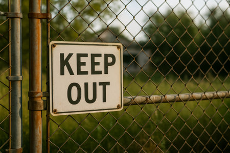 A rusted chain link fence with a prominent keep out sign in a grassy areaの素材