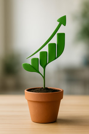 A stylized green plant symbolizing growth with an upward arrow in a potの素材